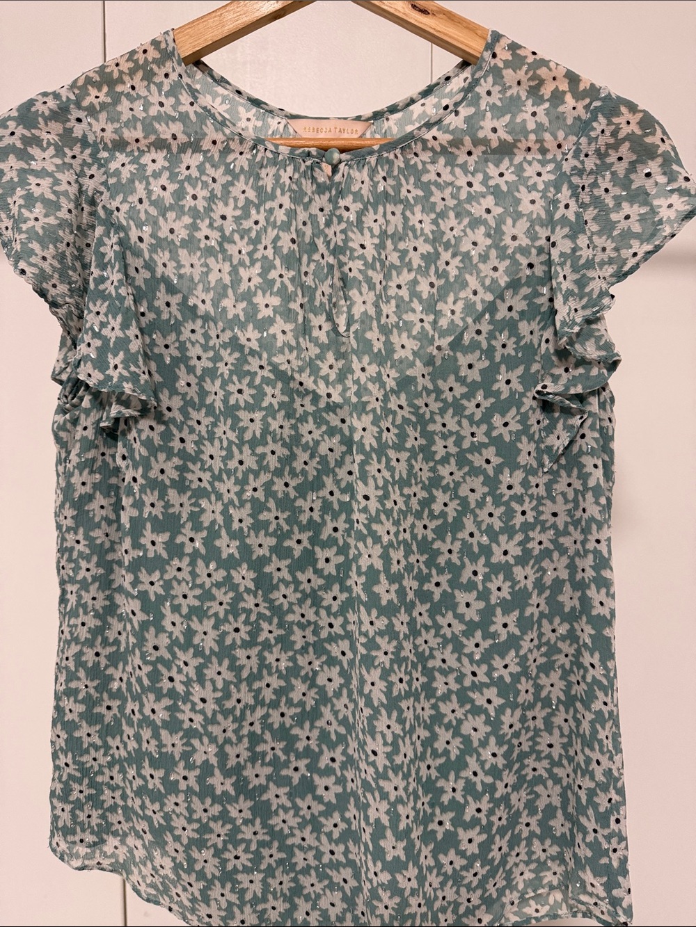 Silk Rebecca Taylor Mint, Lurex,  Floral ruffle-sleeve blouse.